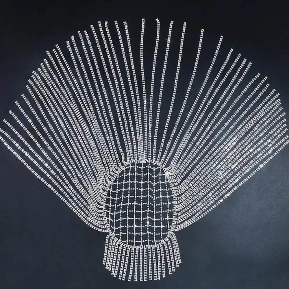 Long Rhinestone Headpiece Cap in Silver